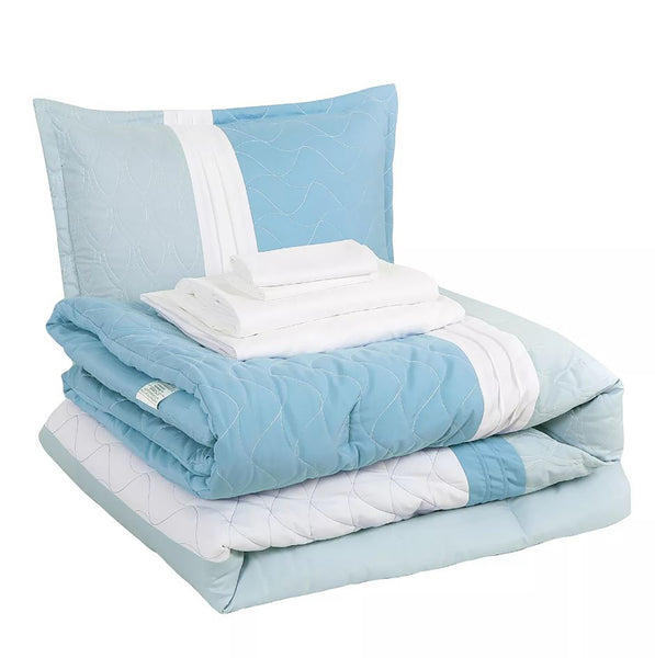 9 Piece Comforter Set Blue White Striped Sea Life Marine Modern Embroidery Soft Bedding