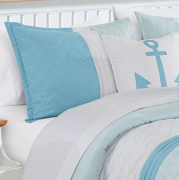 9 Piece Comforter Set Blue White Striped Sea Life Marine Modern Embroidery Soft Bedding
