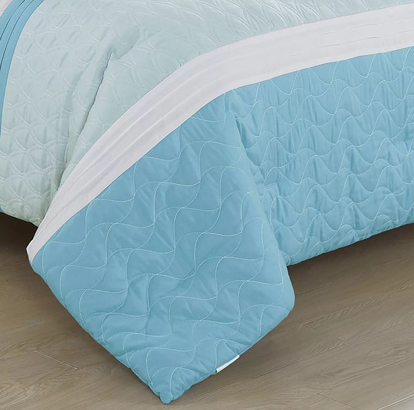 9 Piece Comforter Set Blue White Striped Sea Life Marine Modern Embroidery Soft Bedding