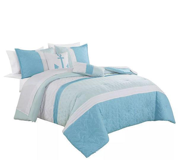 9 Piece Comforter Set Blue White Striped Sea Life Marine Modern Embroidery Soft Bedding