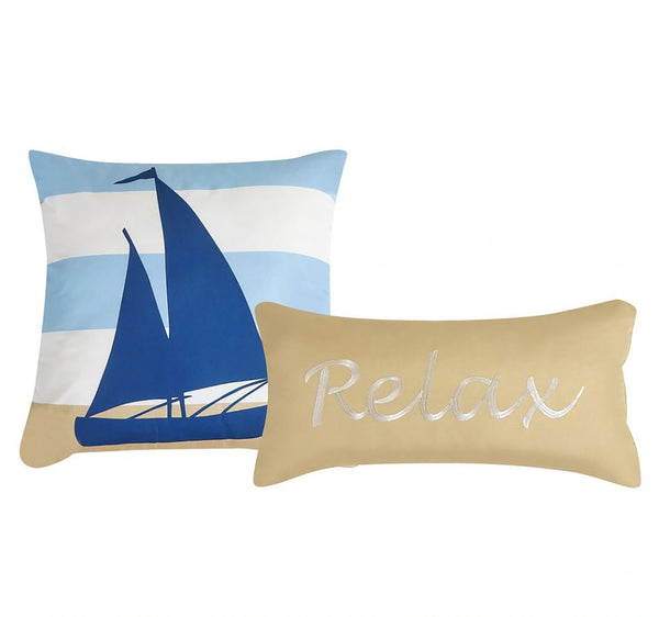 9 Piece Comforter Set Blue White Beige Striped Sea Life Marine Modern Embroidery Soft Bedding