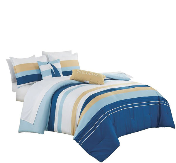 9 Piece Comforter Set Blue White Beige Striped Sea Life Marine Modern Embroidery Soft Bedding