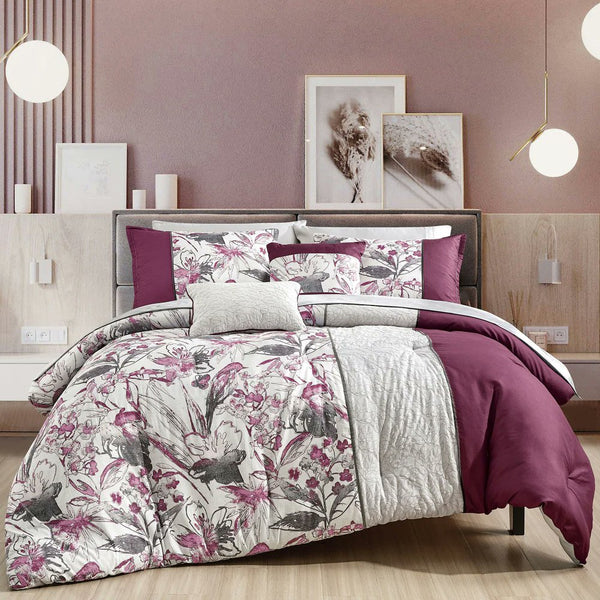9 Piece Bed-in-a-Bag Purple Grey Floral Soft Bedding Comforter Set