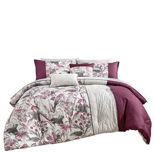 9 Piece Bed-in-a-Bag Purple Grey Floral Soft Bedding Comforter Set