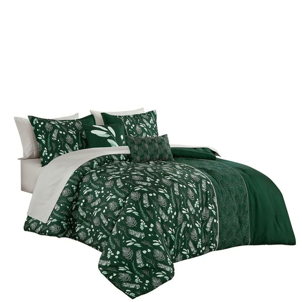 9 Piece Bed-in-a-Bag Green Floral Solid Soft Bedding Comforter Set