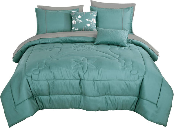 9 Piece Bed-in-a-Bag Blue Floral Solid Soft Bedding Comforter Set