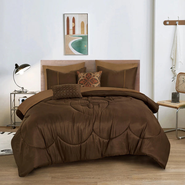 9 Piece Bed-in-a-Bag Brown Floral Solid Soft Bedding Comforter Set
