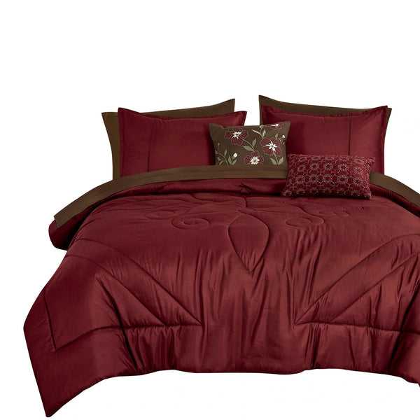 9 Piece Bed-in-a-Bag Burgundy Floral Solid Soft Bedding Comforter Set