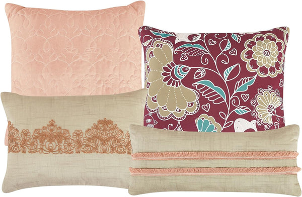 7 Piece Comforter Set Beige Floral Soft Embroidered Bedding