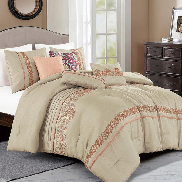 7 Piece Comforter Set Beige Floral Soft Embroidered Bedding