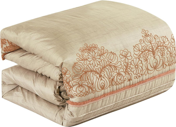 7 Piece Comforter Set Beige Floral Soft Embroidered Bedding