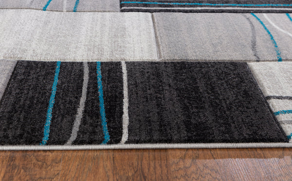 Silver Grey Turquoise Geometric Rectangles Hand-Carved Soft Living Room Area Rug