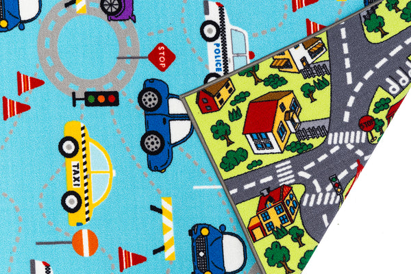 City Roads / Educational Traffic Blue Cars Reversible Fun Kids Area Rug