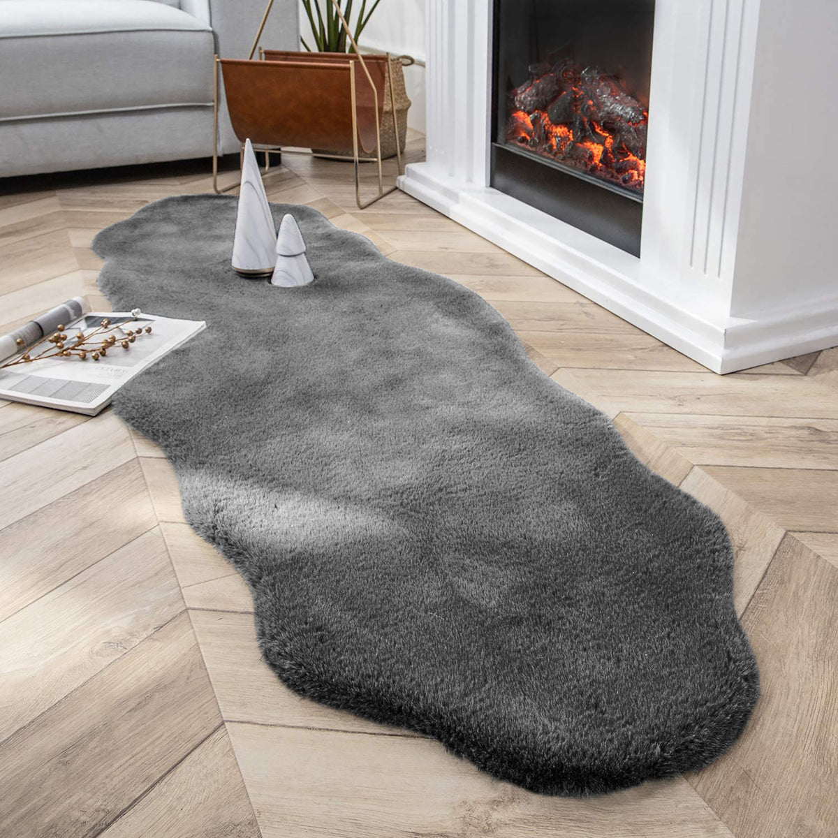 Grey Faux Rabbit Fur Fuzzy Soft Fluffy Plush Cozy Shaggy Area Rug