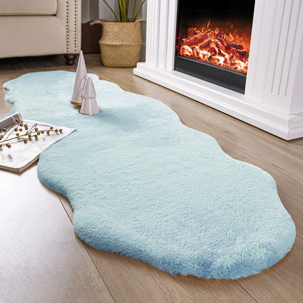 Light Blue Faux Rabbit Fur Fuzzy Soft Fluffy Plush Cozy Shaggy Area Rug