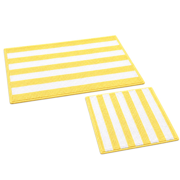 Large 2 Piece Set Yellow White Stripe Soft Cozy Plush Chenille Bath Mat Bathroom Rug