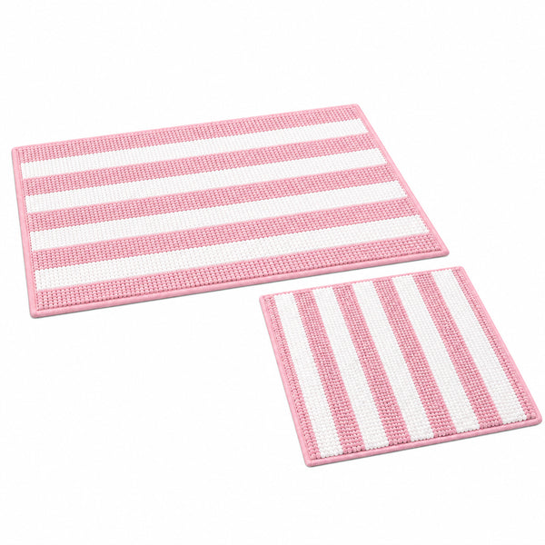 Large 2 Piece Set Pink White Stripe Soft Cozy Plush Chenille Bath Mat Bathroom Rug