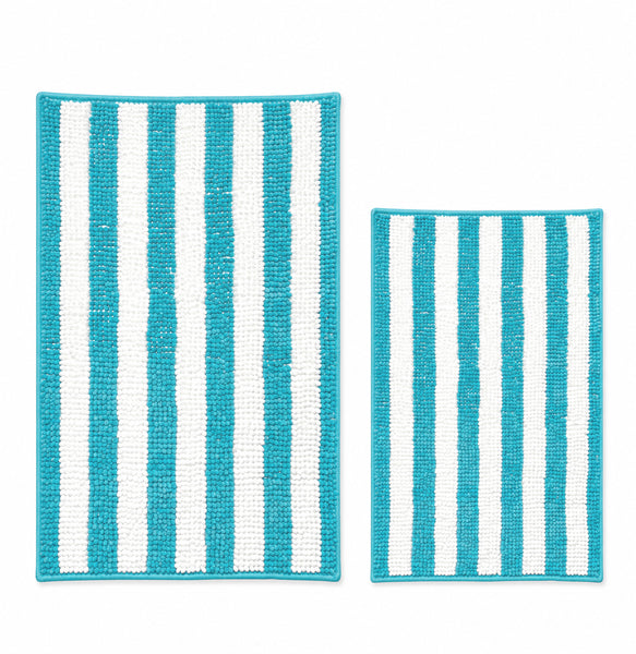 Large 2 Piece Set Light Blue White Stripe Soft Cozy Plush Chenille Bath Mat Bathroom Rug