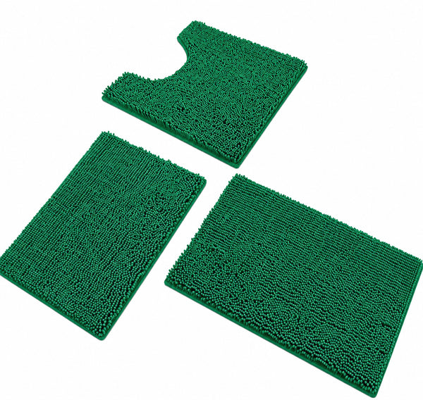 3 Piece Set Hunter Green Soft Cozy Plush Chenille Bath Mat Highly Absorbent Bathroom Rug
