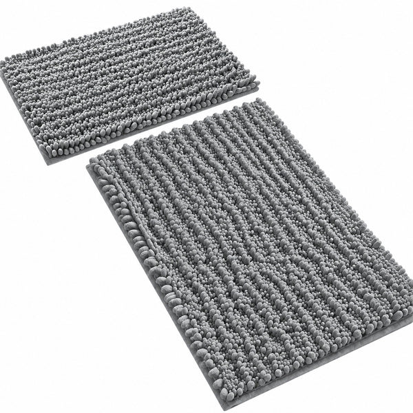 2 Piece Set Grey Soft Cozy Plush Chenille Bath Mat Bathroom Rug
