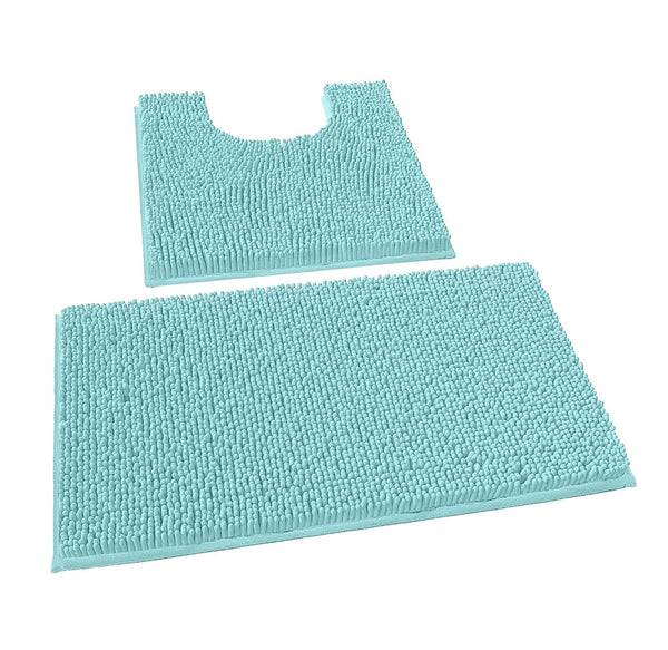 2 Piece Set Spa Blue Soft Cozy Plush Chenille Bath Mat Bathroom Rug