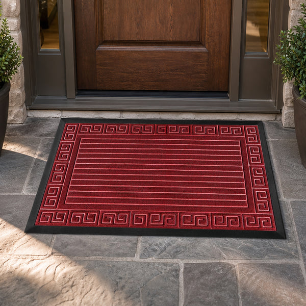 Red Geometric All-Season Sturdy Absorbent Non-Slip Rubber Backing Multipurpose Door Mat