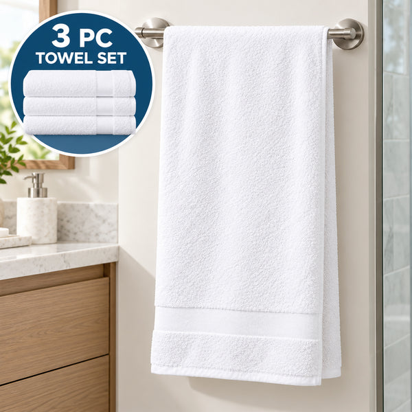 3-Piece White 100% Cotton Bath Towel Set Soft Absorbent Bathroom Towels with Decorative Woven Border
