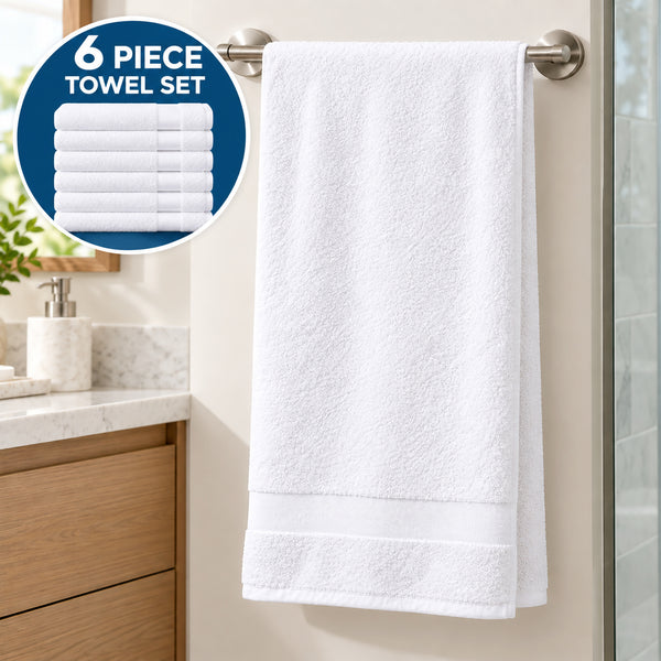6-Piece White 100% Cotton Bath Towel Set Soft Absorbent Bathroom Towels with Decorative Woven Border