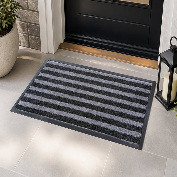 Grey Black Stripes All-Season Sturdy Absorbent Non-Slip Rubber Backing Multipurpose Door Mat
