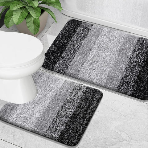 Large 2 Piece Black Grey Ombre Microfiber Soft Thick Plush Bath Mat Set