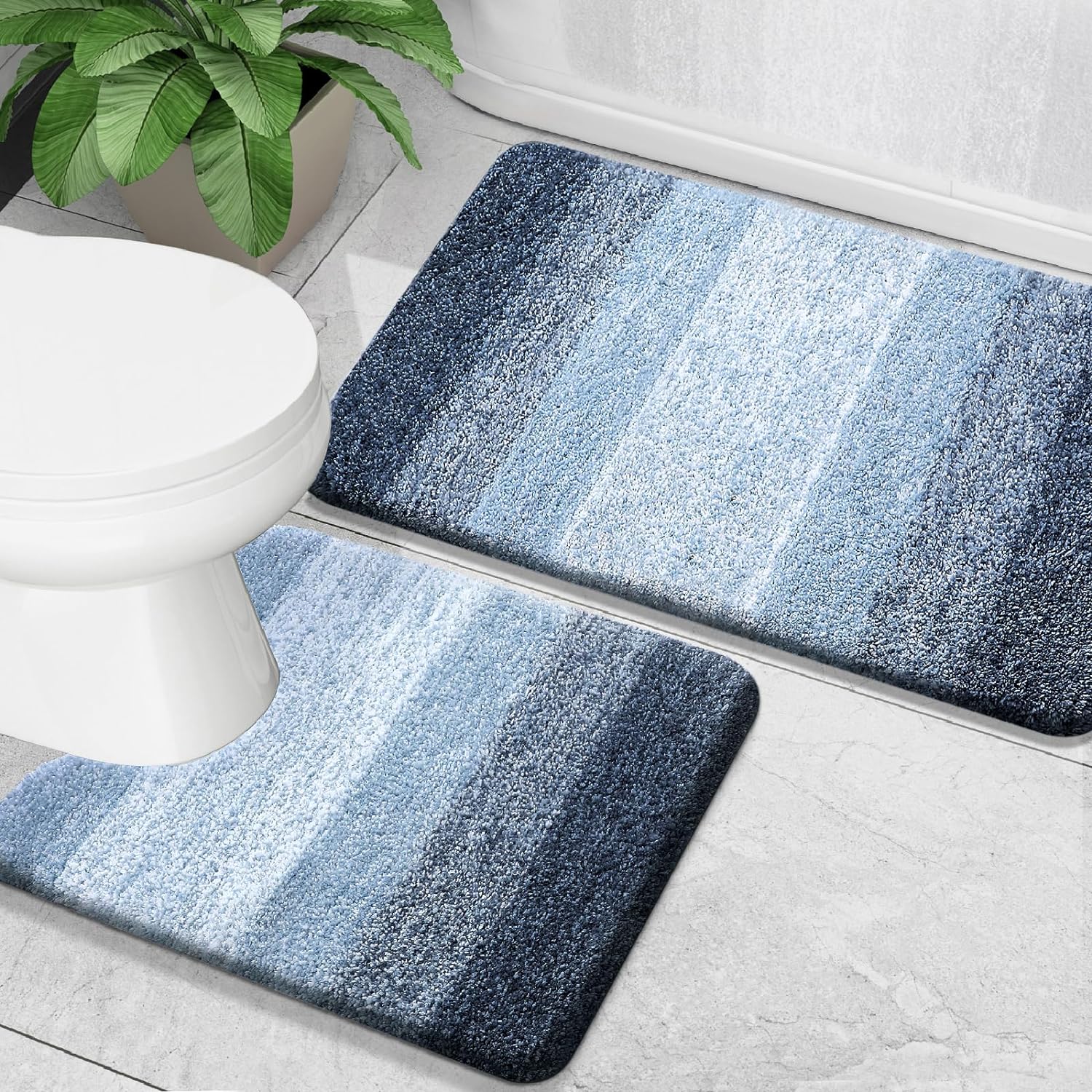 Large 2 Piece Navy Blue Ombre Microfiber Soft Thick Plush Bath Mat Set