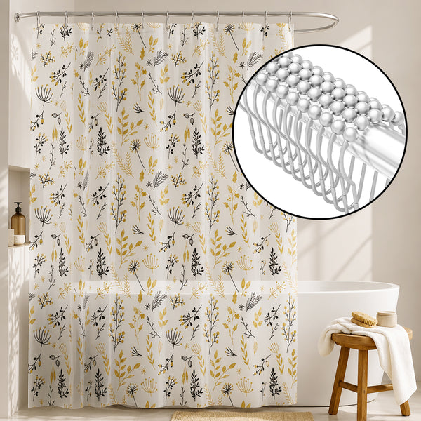Yellow Black White Transparent PEVA Shower Curtain With Roller Ball Hooks