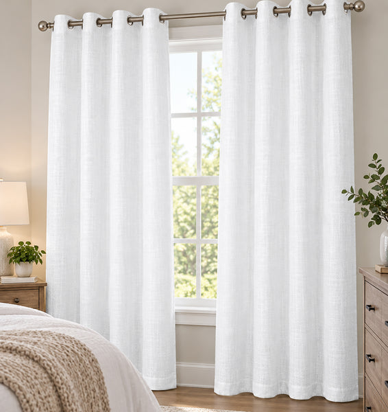 2 Piece White Textured  Grommet Window Curtain Panel Set - 108" Long