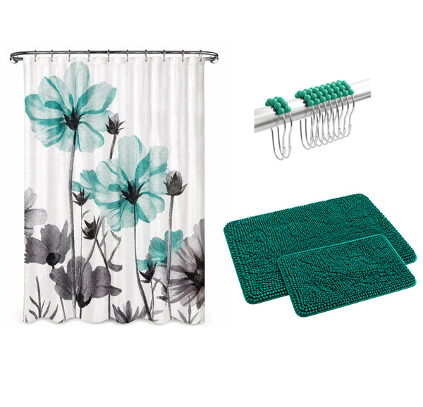 Teal Green Plush Thick Chenille Bath Mat with Floral Shower Curtain & Hooks - 15 Piece Set