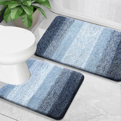 Large 2 Piece Navy Blue Ombre Microfiber Soft Thick Plush Bath Mat Set