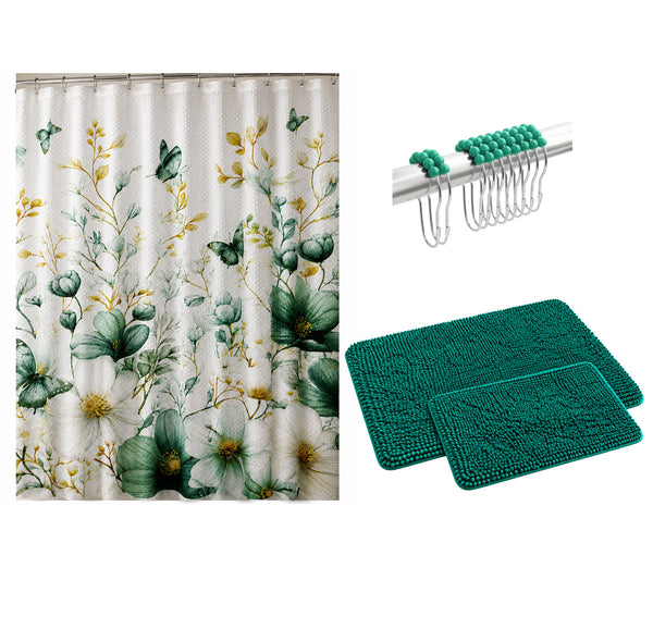 Teal Green Plush Thick Chenille Bath Mat with Floral Shower Curtain & Hooks - 15 Piece Set