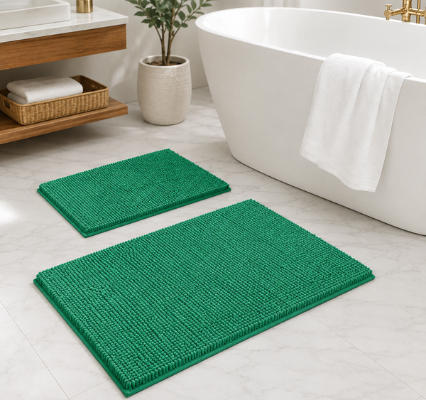 Large 2 Piece Set Hunter Green Soft Cozy Plush Chenille Bath Mat Bathroom Rug