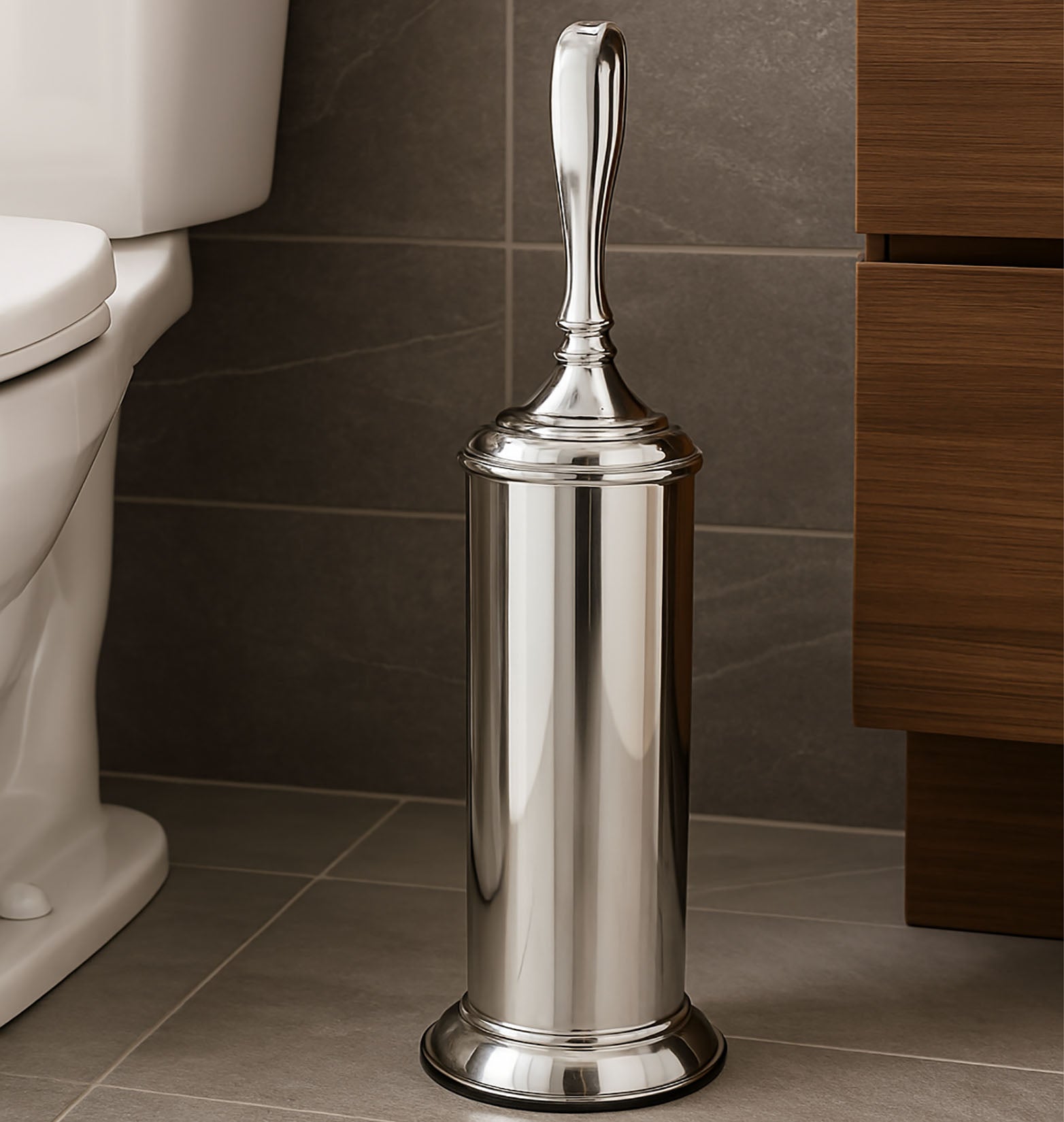 17" Tall Chrome Toilet Brush Set with Holder