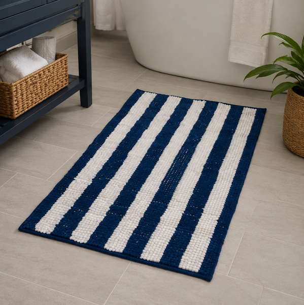 23"x15" - Blue White Stripe Large Soft Cozy Plush Chenille Bath Mat Bathroom Rug