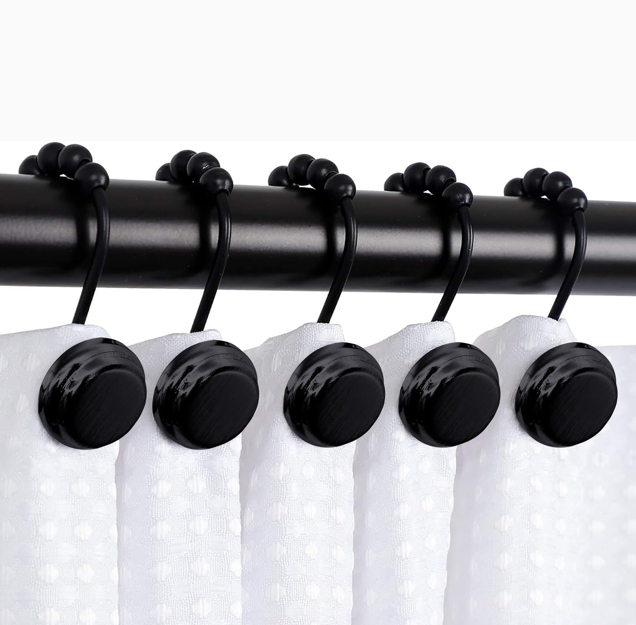 12 Piece Set - Matte Black Button Heavy Duty Shower Curtain Hooks Rings Rustproof Metal