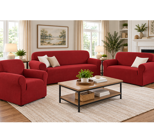 Red 3-Piece Set 4-Way Stretch Slipcover Sofa Loveseat & Armchair Cover Protector