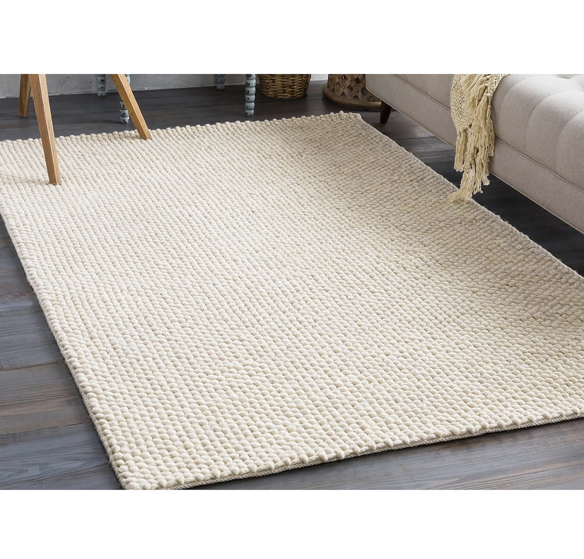 Ivory Cream Chunky Beads Hand-Woven Handmade Wool Natural Area Rug