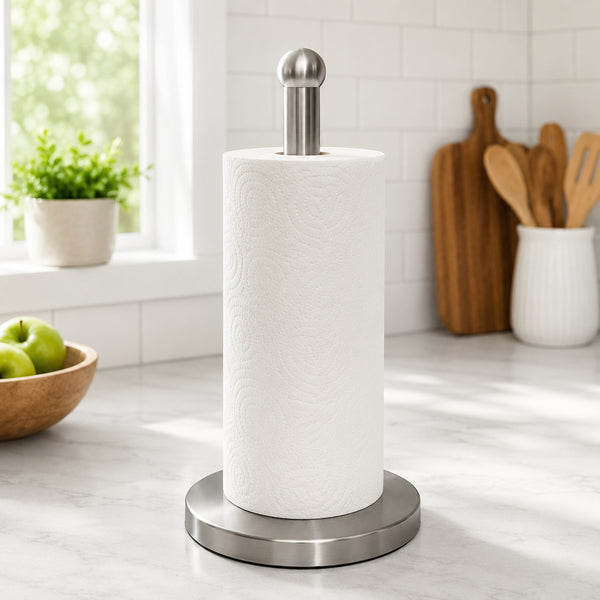 Stainless Steel Paper Towel Holder with Weighted Base, Freestanding Countertop Paper Towel Roll Stand, Satin Finish