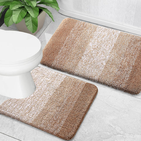 Large 2 Piece Brown Ombre Microfiber Soft Thick Plush Bath Mat Set