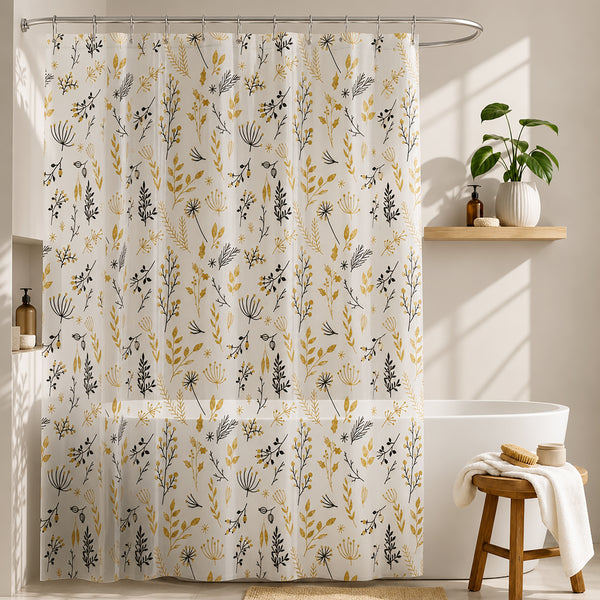 Yellow Black White Transparent PEVA Shower Curtain With Roller Ball Hooks