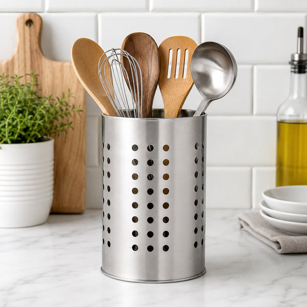 Stainless Steel Kitchen Utensil Holder with Ventilation Holes – Countertop Cooking Tool Organizer for Spoons, Spatulas, Whisks & Ladles – Satin