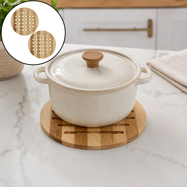 2-Pack Natural  Bamboo Round Heat-Resistant Trivet Set - 7.7" Long