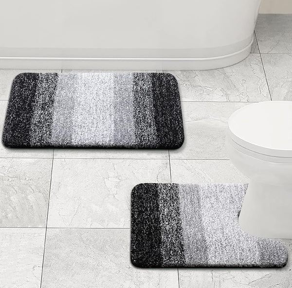 Large 2 Piece Black Grey Ombre Microfiber Soft Thick Plush Bath Mat Set