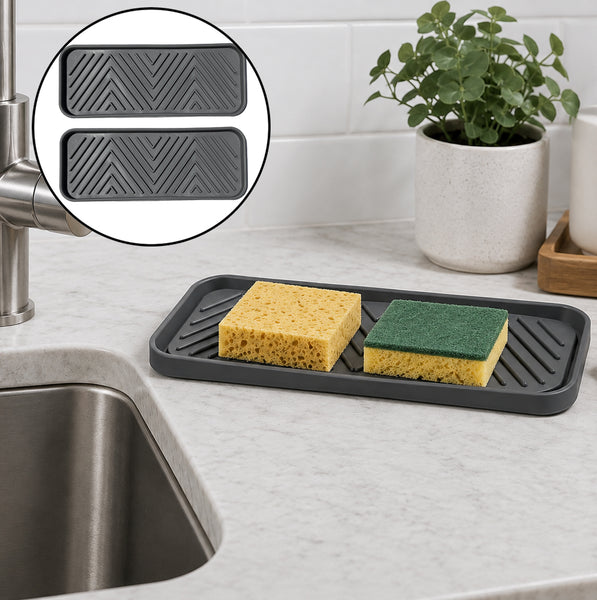 Grey Non-Slip TPR Kitchen Sink Sponge Holder Tray Mat - 2 Pack