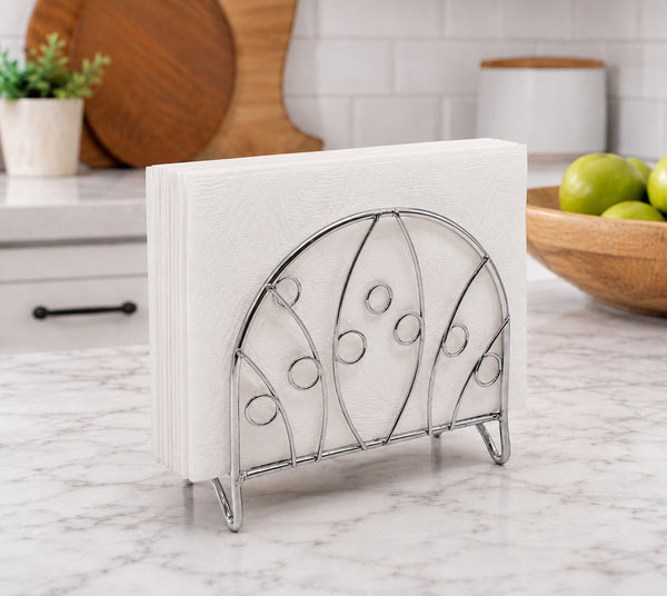 Decorative Chrome Metal Napkin Holder with Leaf & Circle Design – Freestanding Tabletop Napkin Organizer for Kitchen, Dining Table & Countertop